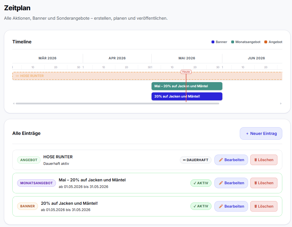 Cleanfix Admin-Panel – Zeitplan-Übersicht